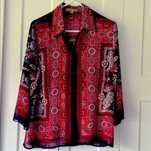 Notations Red Black Paisley Geometric Button Down Sheer Blouse Large Boho Casual